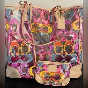 Authentic Coach Scribble Summer Beach Bag Clear Tote with Matching Wristlet